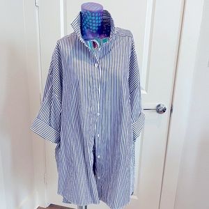 Zara blue and white stripped oversized shirt with 3/4 cuffed sleeves